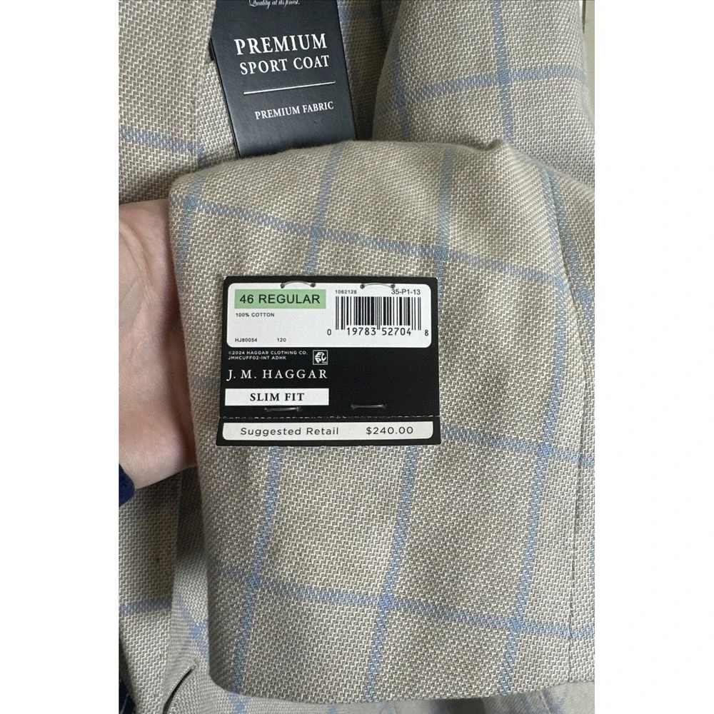 J. M. Haggar Slim‎ Fit Blue/Tan Linen Windowpane Blazer Sport Coat Men's 46R NWT